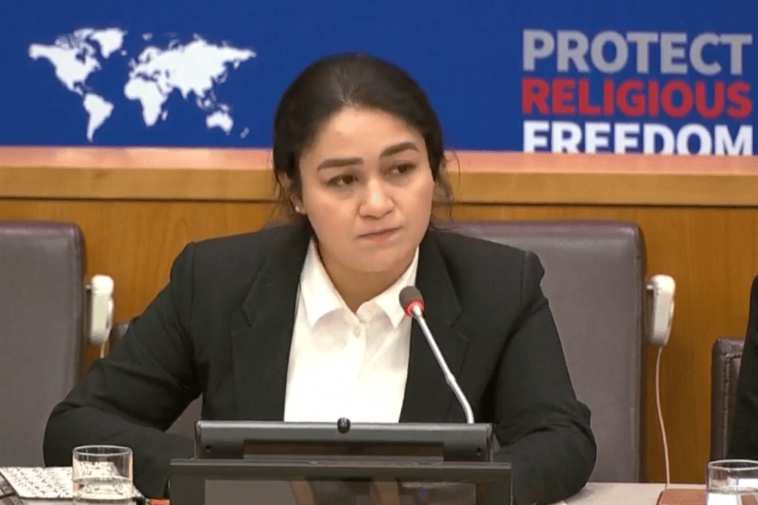 Jewher Ilham at the United Nations on Monday, taking part in a forum about religious freedom. She spoke about her father, Ilham Tohti, who is serving a life sentence in China on separatist-related charges. Photo: YouTube