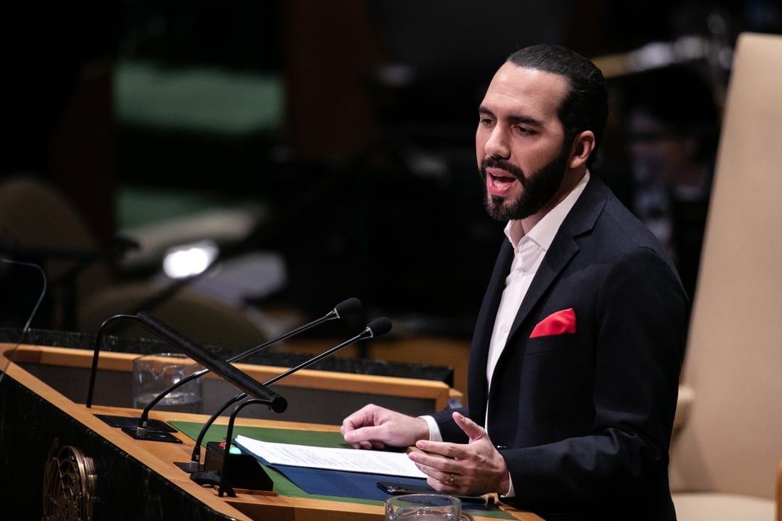El Salvador’s President Nayib Bukele speaks during the UN General Assembly meeting in New York on Thursday. Photo: Bloomberg