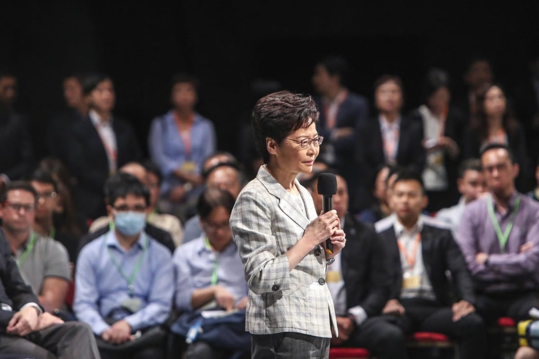 Chief Executive Carrie Lam addresses her town hall event on Thursday evening. Photo: Winson Wong