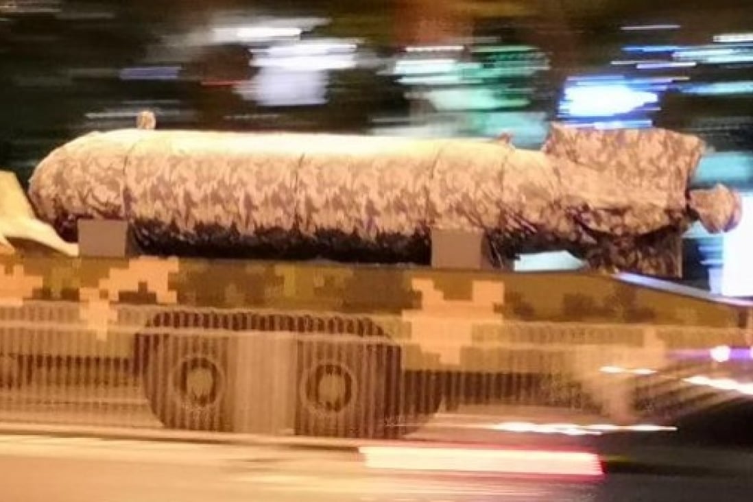 Witnesses reported what appeared to be an unmanned underwater vehicle on a military truck during rehearsals for Tuesday’s National Day parade in Beijing. Photo: Handout