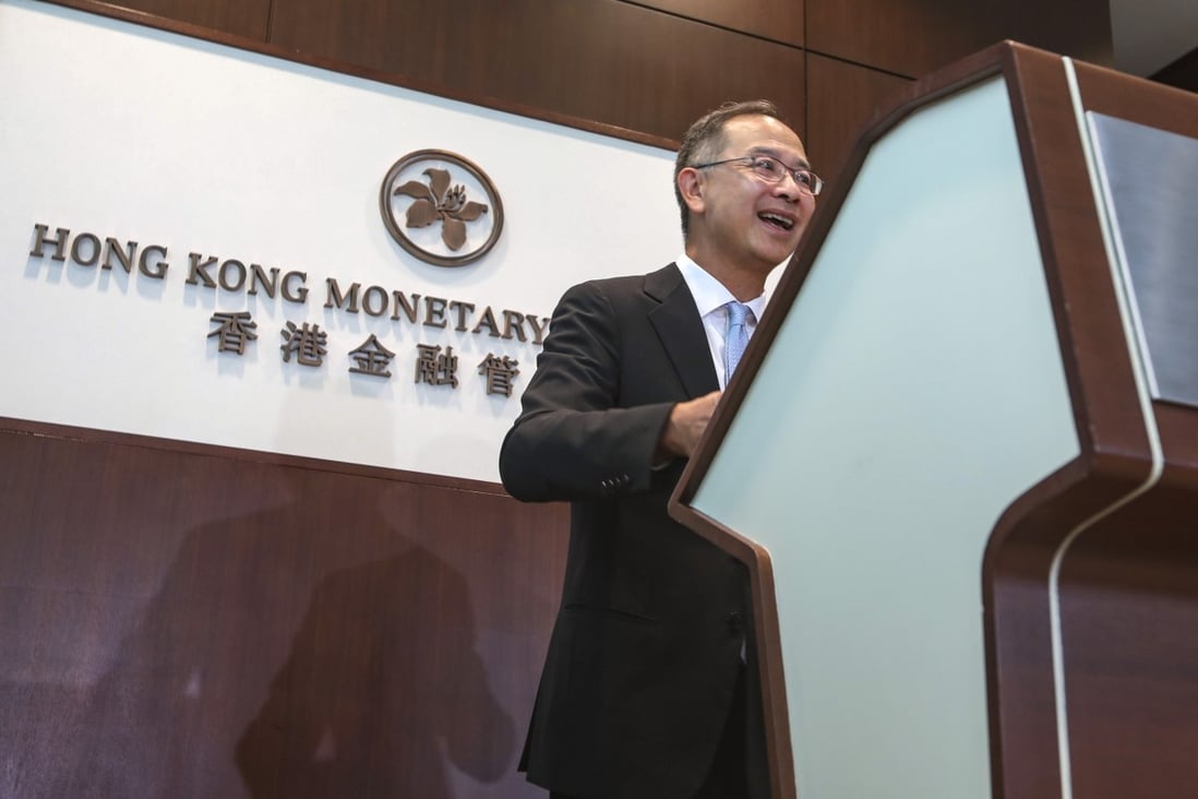 Eddie Yue Wai-man, the new chief executive of Hong Kong Monetary Authority, speaks to the press on his first day in office, on Wednesday. Photo: Xiaomei Chen