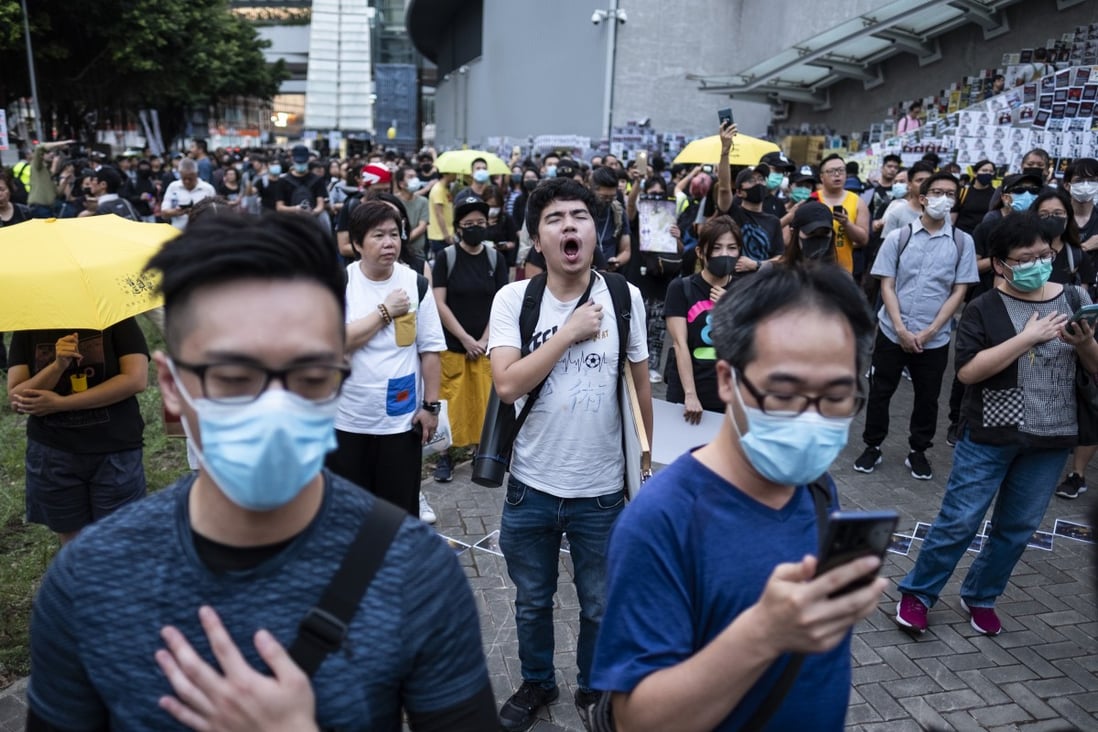 Demonstrators singing the ‘Glory To Hong Kong protest anthem outside the government offices on September 28, 2019. Photo: Bloomberg