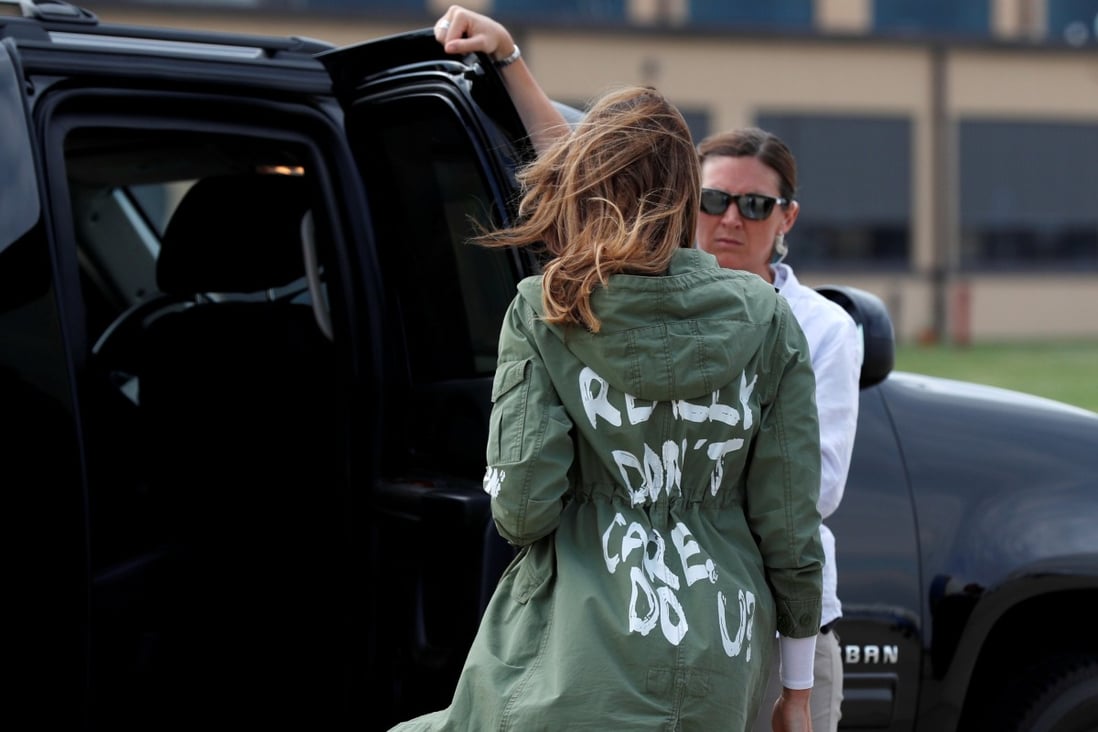 US First Lady Melania Trump caused a stir after she wore a Zara-design jacket with the phrase ‘I Really Don't Care. Do U?’ emblazoned on the back, during a visit to the US-Mexico border area in Texas, in June. Photo: Reuters