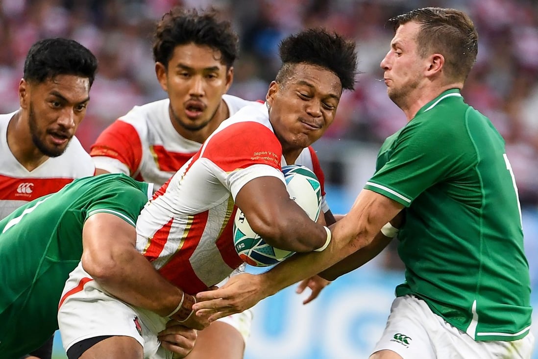 Japan wing Kotaro Matsushima (centre) in action against Ireland in the pool A match at the Rugby World Cup in Shizuoka. Photo: AFP
