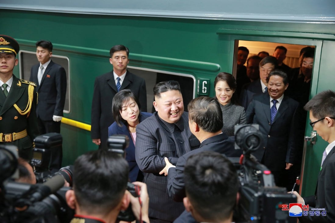 Kim Jong-un (centre) bids farewell to China’s International Liaison Department chief Song Tao in Dandong after a visit in January. Photo: KCNA/Korea News Service via AP