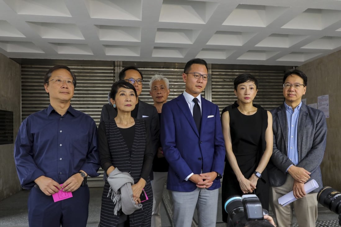 Pro-democracy lawmakers (from left to right) Dr Kwok Ka-ki, Claudia Mo, Kenneth Leung, Leung Yiu-chung, Dennis Kwok, Tanya Chan, and Charles Peter Mok, filed an urgent application for a temporary suspension on the anti-mask law. Photo: May Tse