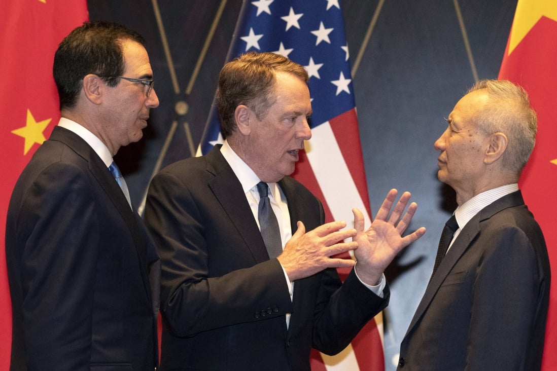 Vice-Premier Liu He is leading China’s delegation to resume trade talks with US trade representative Robert Lighthizer (middle) and US Treasury Secretary Steven Mnuchin on Thursday and Friday in Washington. Photo: AP