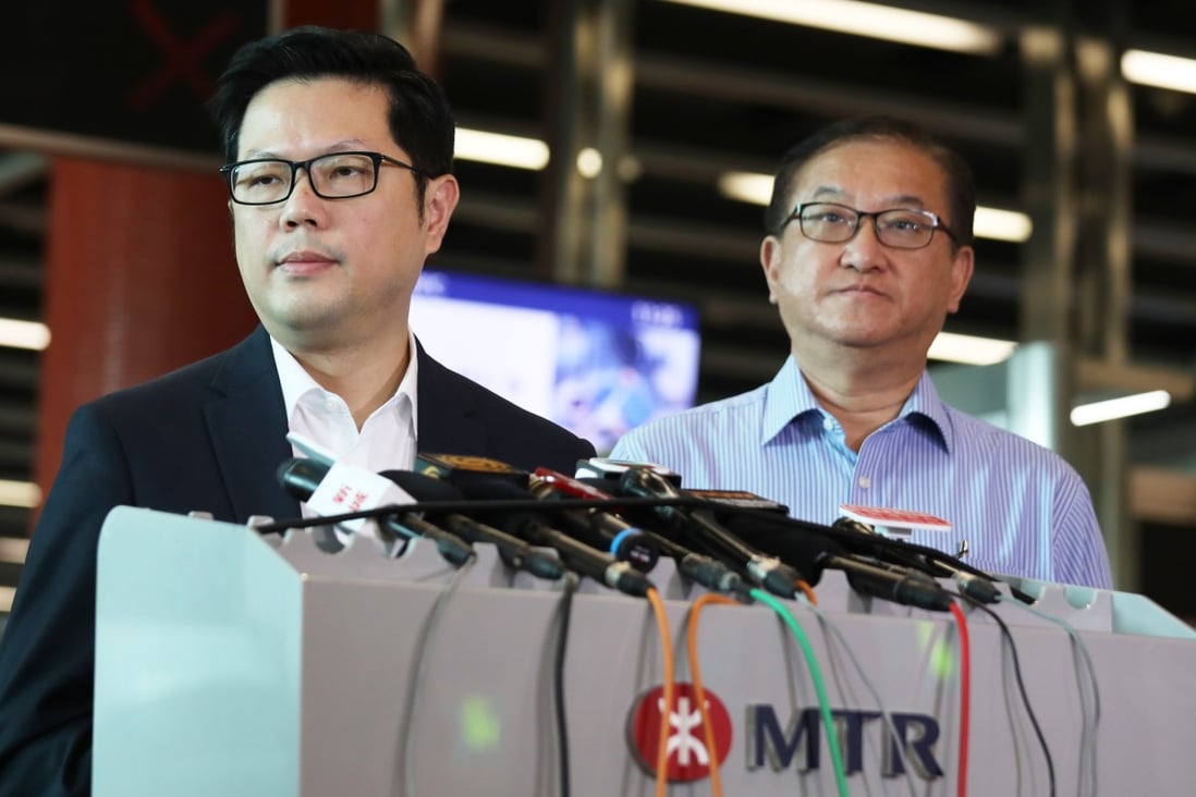 Sammy Wong (left), the MTR Corp’s chief of operations, and Alan Cheng, the general manager for special duties, on Friday at Tseung Kwan O MTR station. Photo: Xiaomei Chen