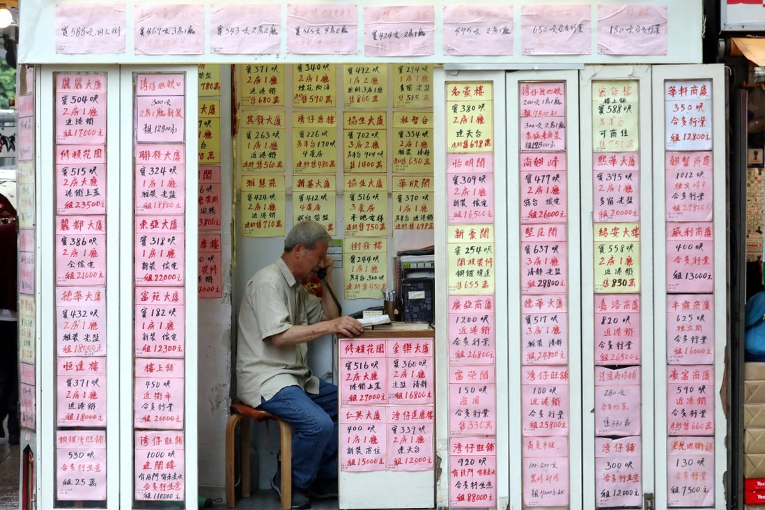 Residential property advertisements displayed in the window of a real estate agency in Wan Chai, Hong Kong. Photo: Felix Wong