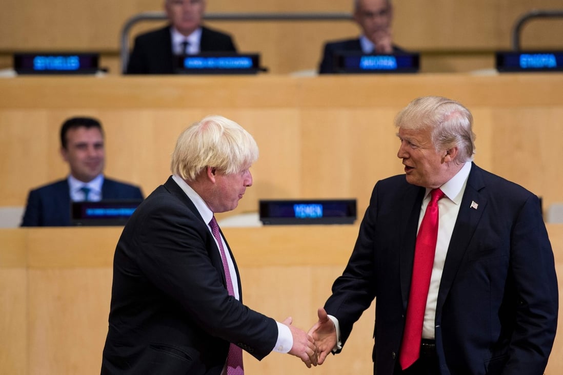 Then British foreign secretary Boris Johnson shakes hands with US President Donald Trump at the UN headquarters in New York in September 2017. Trump rode to the presidency on a hard-line position towards China, much as Johnson became British prime minister thanks to his stance on the European Union, and now it’s unclear whether either can resolve those disputes. Photo: AFP
