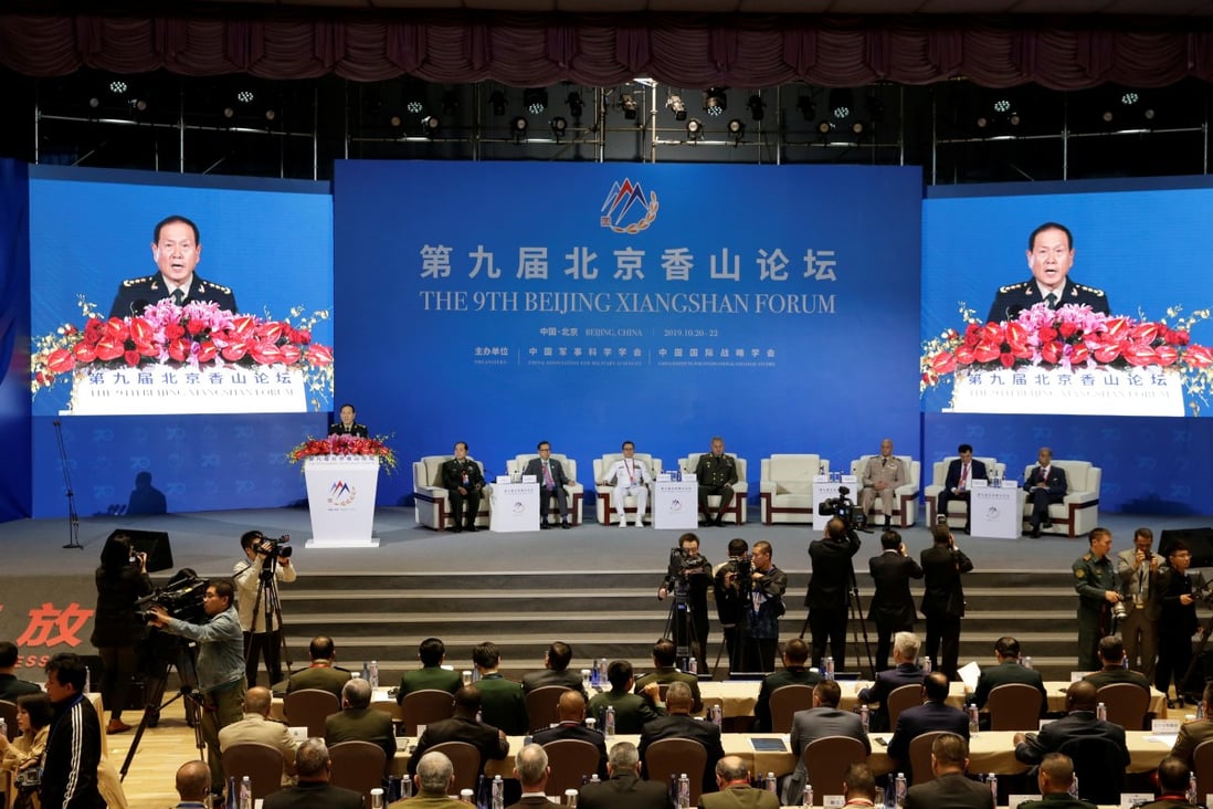 Defence Minister Wei Fenghe delivers his speech at the Xiangshan Forum on Monday. Photo: Reuters