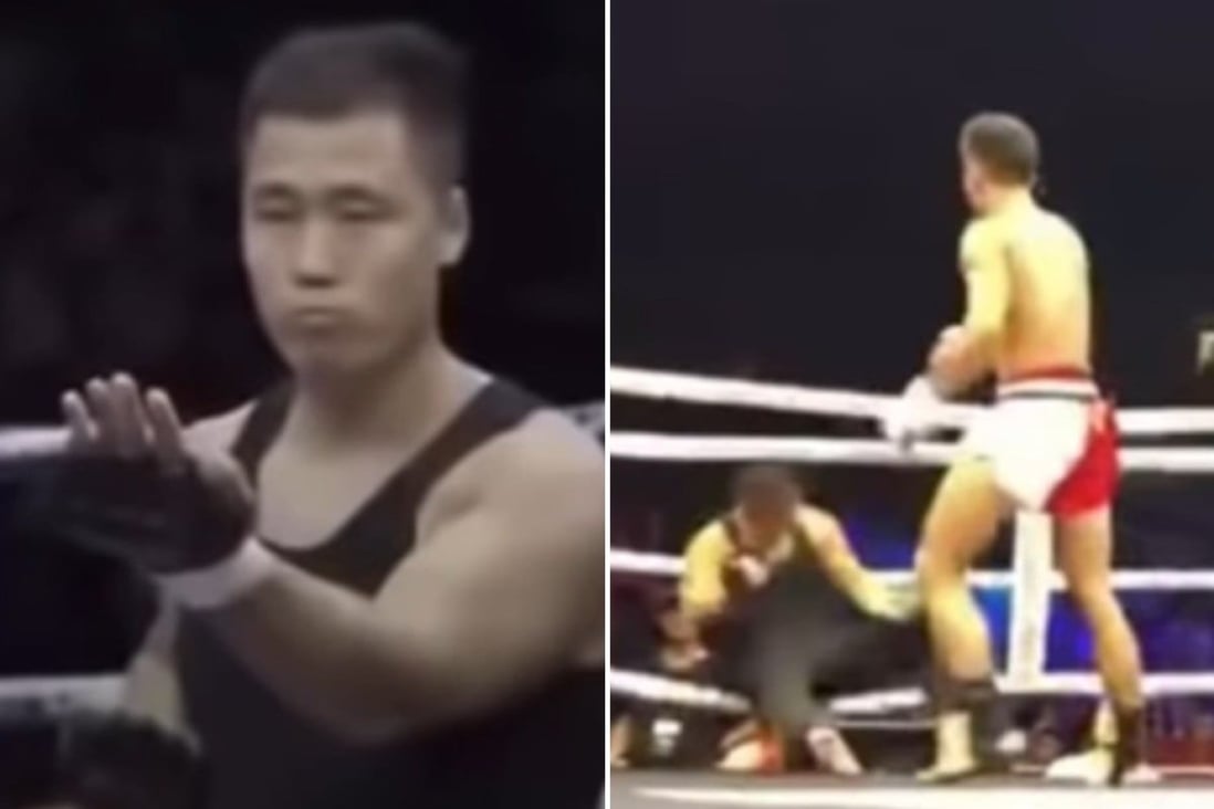 Ding Hao (at left) taunts MMA fighter “A Hu” before being quickly knocked out. Photo: YouTube