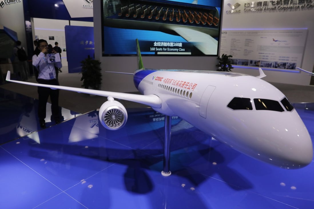 The twin-engined single-aisle C919 can seat up to 168 passengers and is intended to compete against the Boeing 737 MAX and the Airbus A320neo, with the first commercial delivery scheduled in 2021 to China Eastern Airlines. Photo: EPA