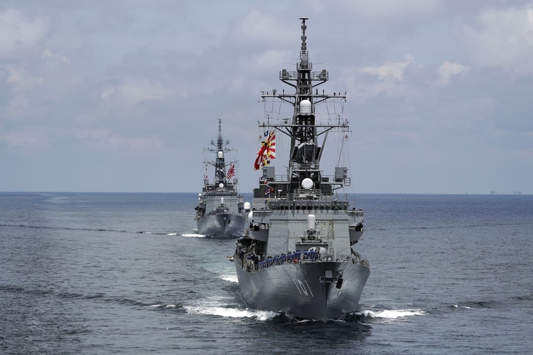 Two destroyers from Japan’s Maritime Self-Defence Force participate in a drill off the coast of Brunei in June 2019. Photo: AP