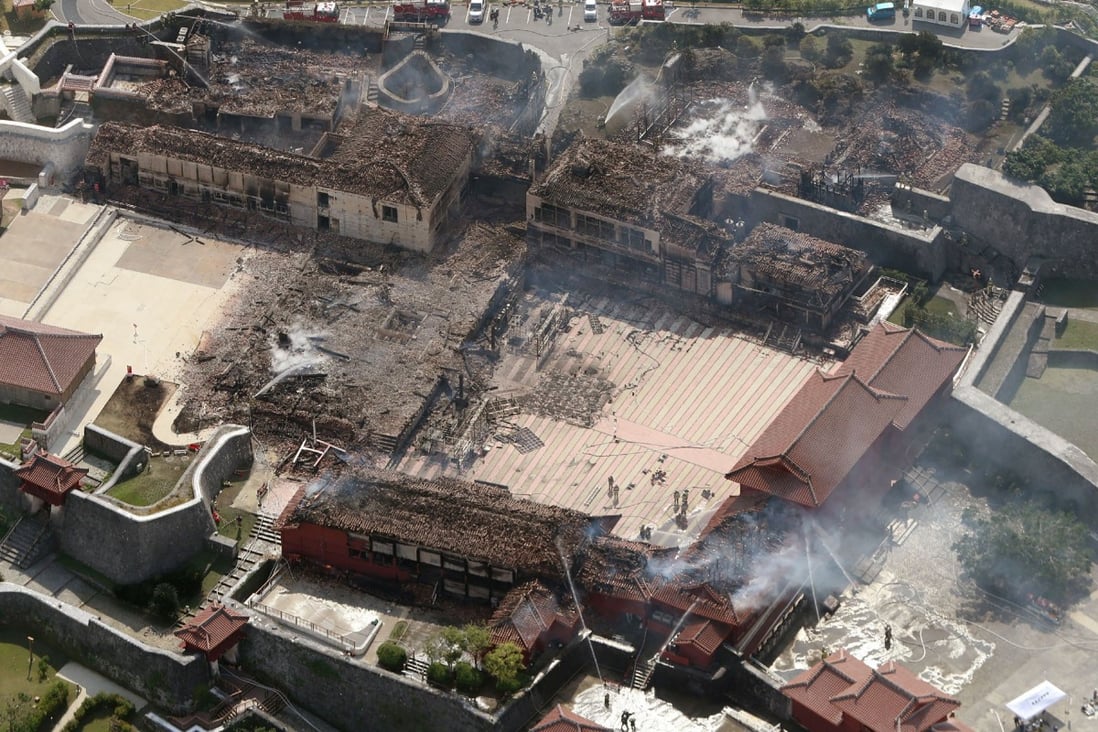 An aerial picture of the destroyed Shuri Castle after a fire ripped through the historic site in Naha, southern Okinawa prefecture, Japan. Photo: AFP