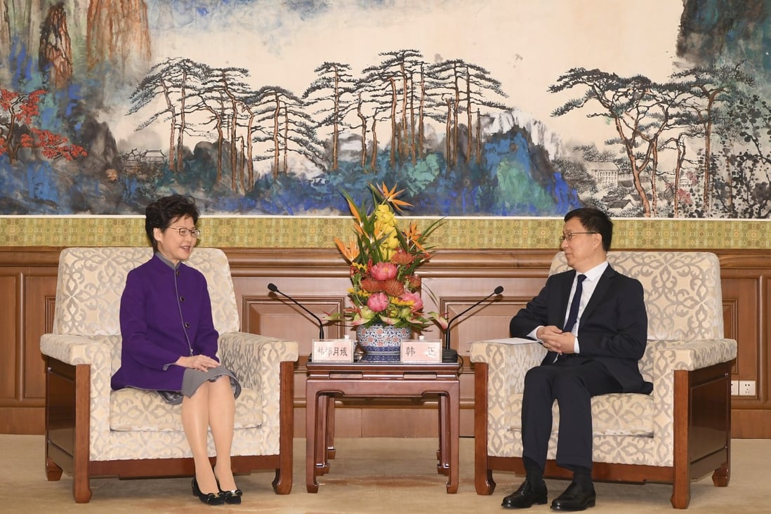 Chief Executive Carrie Lam (left) is received by Chinese Vice-Premier Han Zheng in Beijing. Photo: ISD
