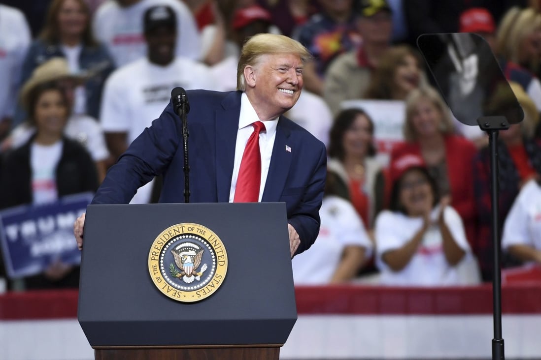 US President Donald Trump during a campaign rally at the American Airlines Center in Dallas on October 17, 2019. Photo: AP