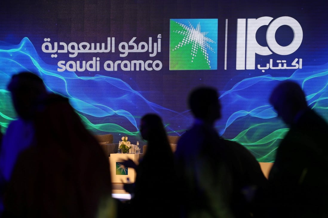 A sign of Saudi Aramco’s initial public offering is seen during a news conference by the state oil company at the Plaza Conference Center in Dhahran, Saudi Arabia, on November 3. Photo: Reuters