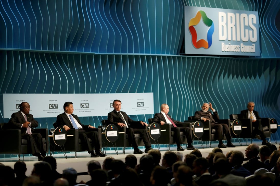 Attending Wednesday’s closing session of the BRICS summit are (from left) South Africa’s Cyril Ramaphosa, China’s Xi Jinping, Jair Bolsonaro of host nation Brazil, Russia’s Vladimir Putin and India’s Narendra Modi. Photo: Reuters