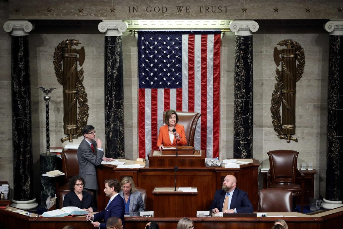 Speaker of the House Nancy Pelosi presides over the US House of Representatives, which approved the Senate version of the Hong Kong Human Rights and Democracy Act on Wednesday. Photo: AFP
