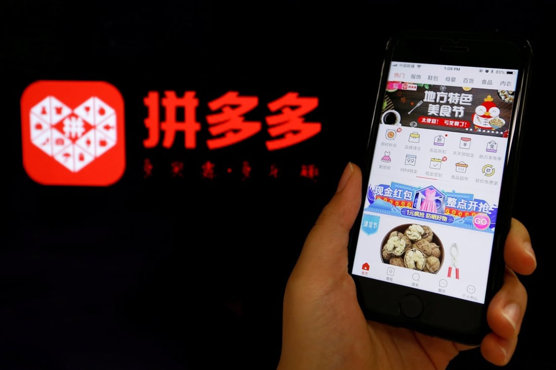 The logo of Chinese online group discounter Pinduoduo is seen next to its mobile phone app. Photo: Reuters
