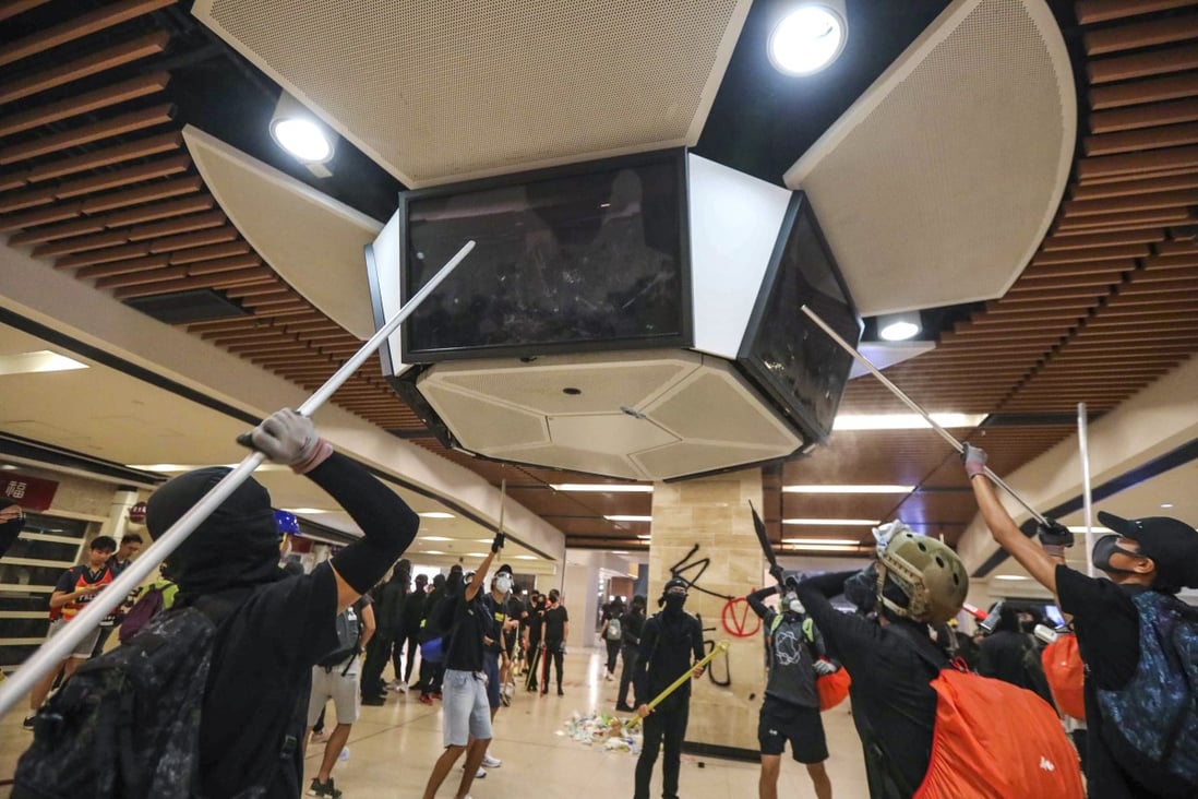 Anti-government protesters damage and vandalise MTR facilities at New Town Plaza mall in Sha Tin on 13 October 2019. Link Reit has previously said one of its malls has had to shut on some days because of the protests. Photo: Felix Wong