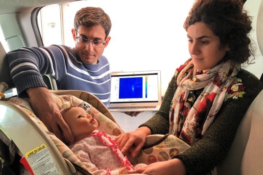 University of Waterloo graduate students Mostafa Alizadeh and Hajar Abedi, under the supervision of engineering professor George Shaker, position a doll, modified to simulate breathing, in a minivan during testing of a new sensor. Photo: Handout