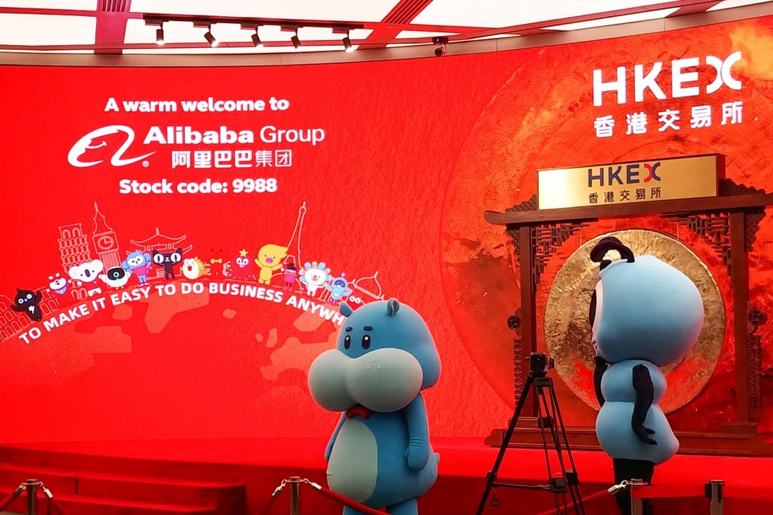 Alibaba’s mascots Tao Doll and Freshippo during the trading debut of the company’s shares on the Hong Kong stock exchange on 26 November 2019. Photo: Enoch Yiu