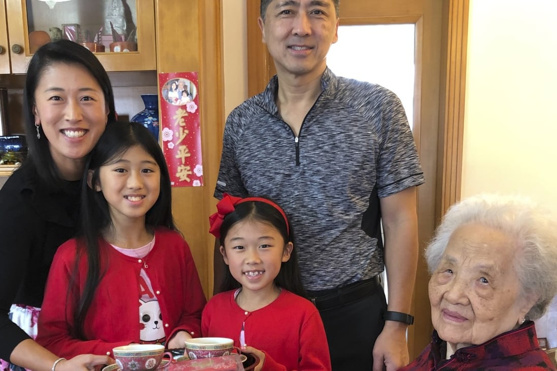 Cheng Li Shuk Kam, 99, with granddaughter Therese Tee, great granddaughters Brianna and Alanna, and grandson-in-law David Tee. Photo: courtesy Cheng family