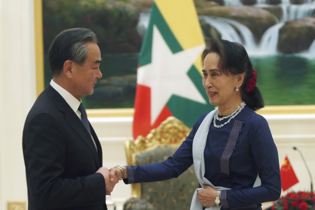 Chinese Foreign Minister Wang Yi meets Myanmar’s leader Aung San Suu Kyi in Naypyidaw on Saturday. Photo: AP