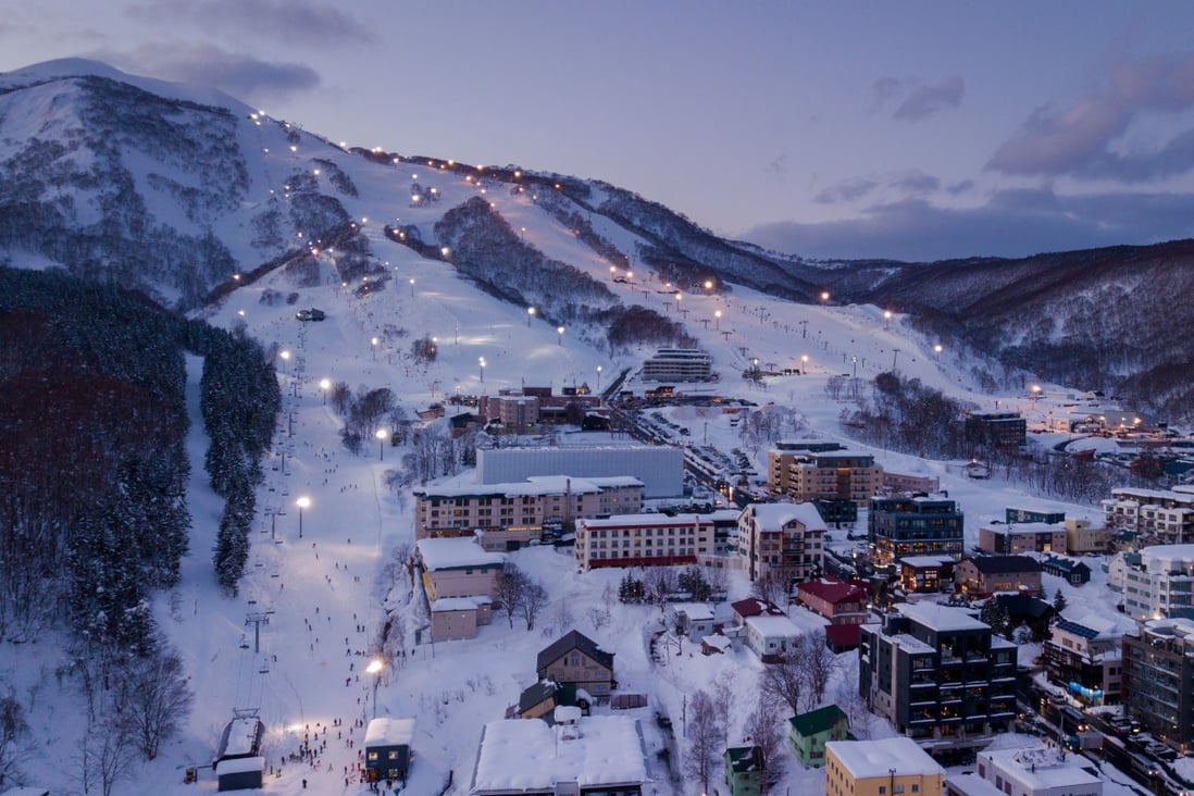 An aerial view at dusk of night skiing in Niseko Village, a popular destination for Chinese skiers in recent times. Photo: Shutterstock