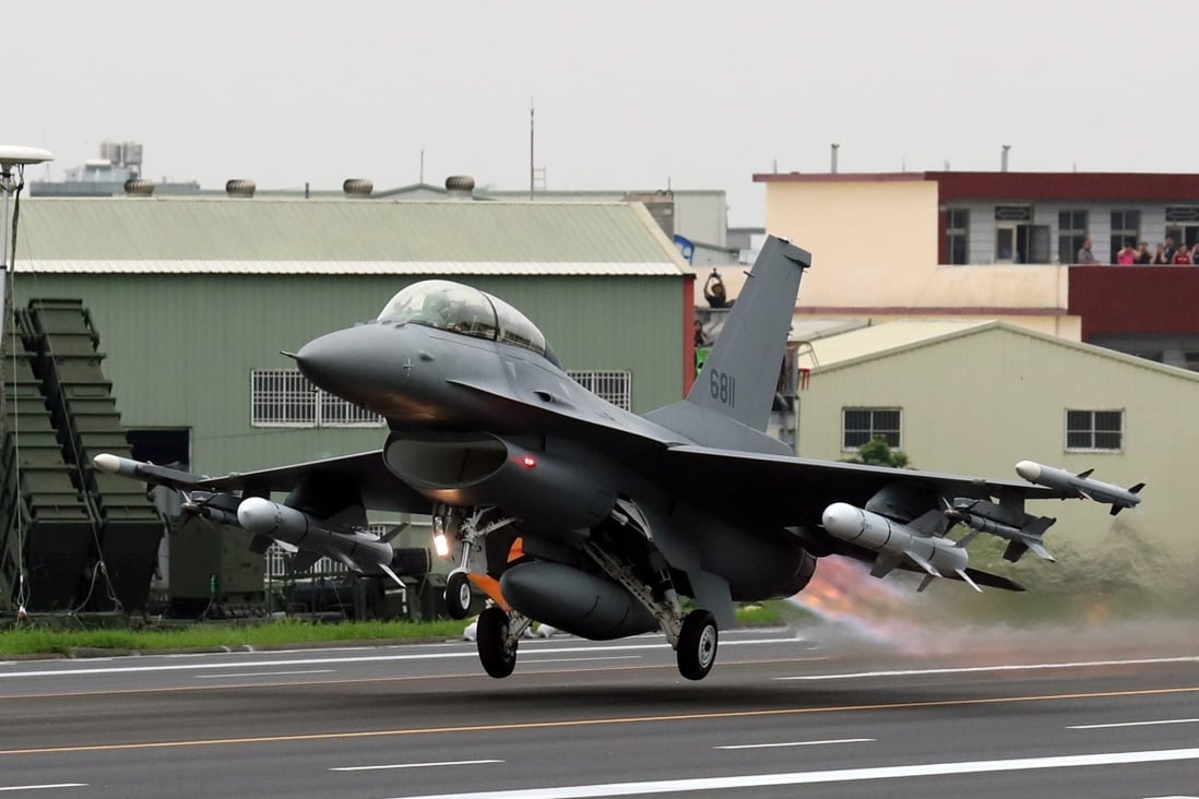 A Taiwanese F-16V takes off during a drill in May. Photo: EPA-EFE