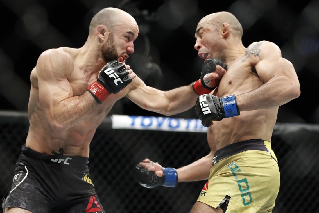 Marlon Moraes hits Jose Aldo at UFC 245. Photo: AP