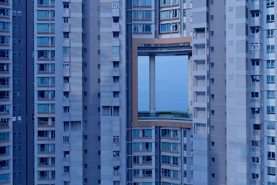 A still showing a “dragon gate” in a Hong Kong residential building from the film by WangShui, “From its mouth came a river of high-end residential appliances”. Photo: courtesy of WangShui and Blindspot Gallery