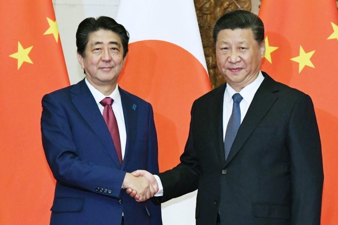Shinzo Abe (left) meets Xi Jinping in Beijing last year. The two leaders will meet again in the Chinese capital on Monday. Photo: EPA-EFE