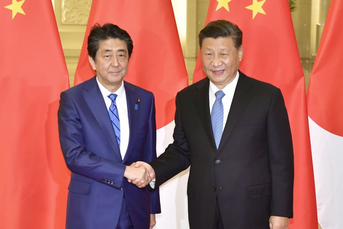Japanese Prime Minister Shinzo Abe and Chinese President Xi Jinping before their meeting in Beijing. Photo: Kyodo