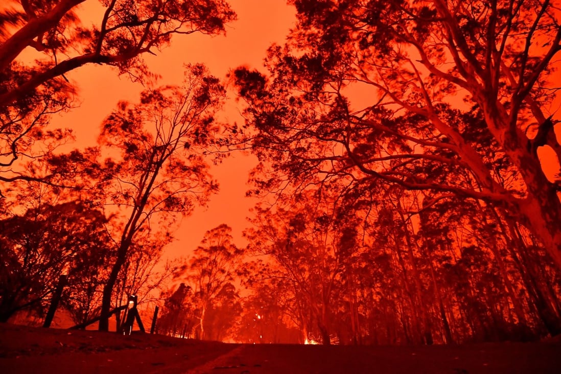 The afternoon sky glows red from bush fires in the area around the town of Nowra in the Australian state of New South Wales. Photo: AFP