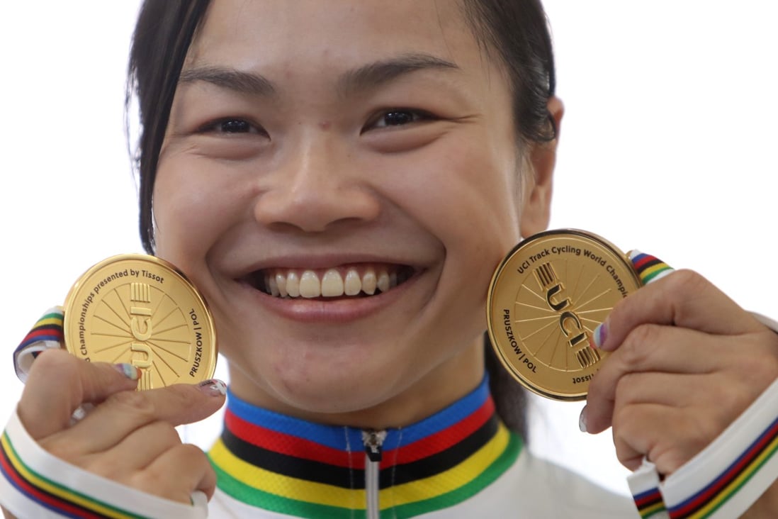 Sarah Lee with her gold medals in the women’s sprint and keirin at the world championships in Poland. Photo: Winson Wong