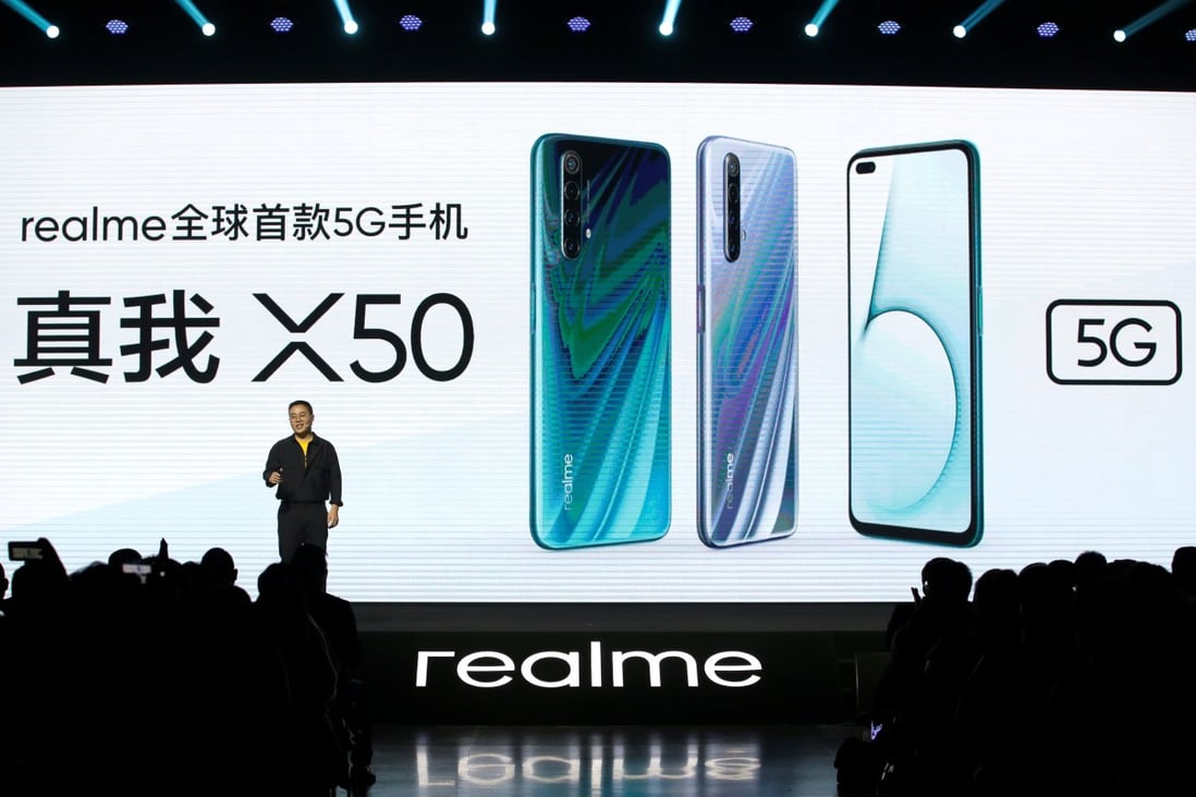 Realme chief marketing officer Chase Qi Xu speaks at the launch of the company’s X50 5G smartphone in Beijing on January 7. Photo: Reuters