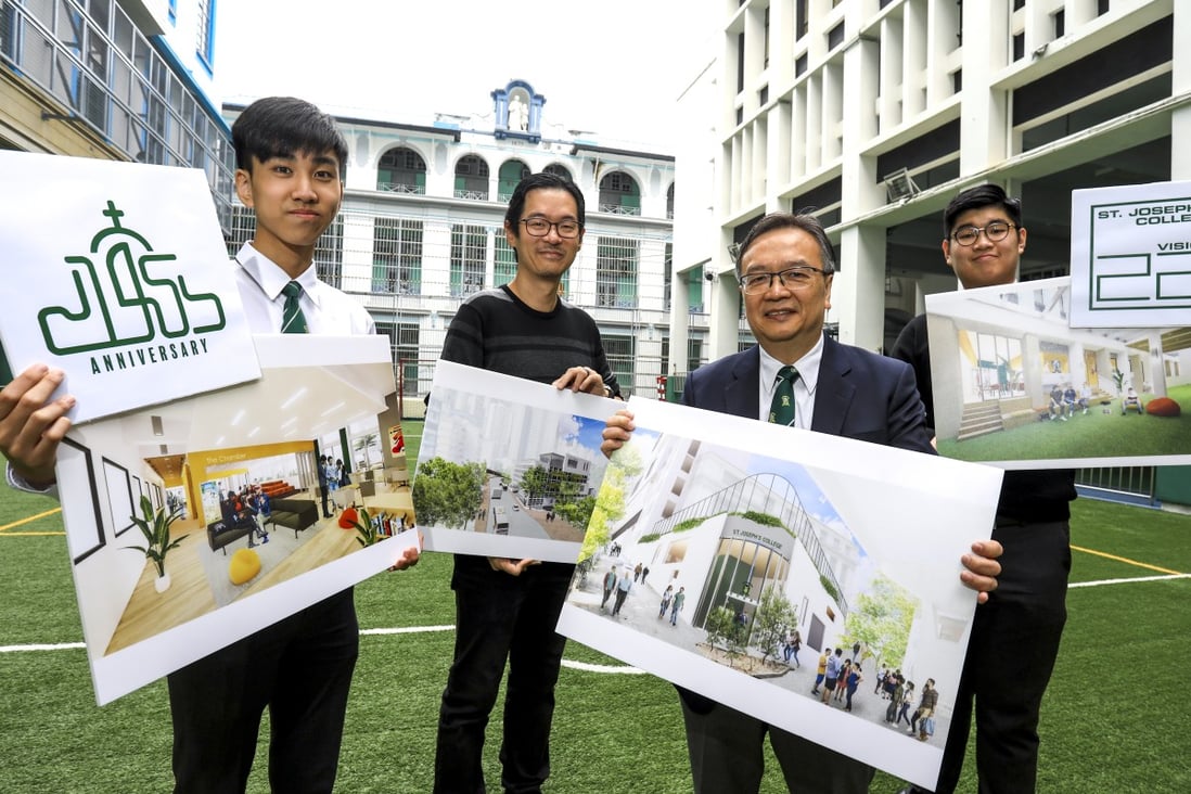 (From left) St Joseph’s College student Sam Leung; architect Billy Tam; principal Perrick Ching; and student Avery Cheung hold up artist impressions of the future campus. Photo: May Tse