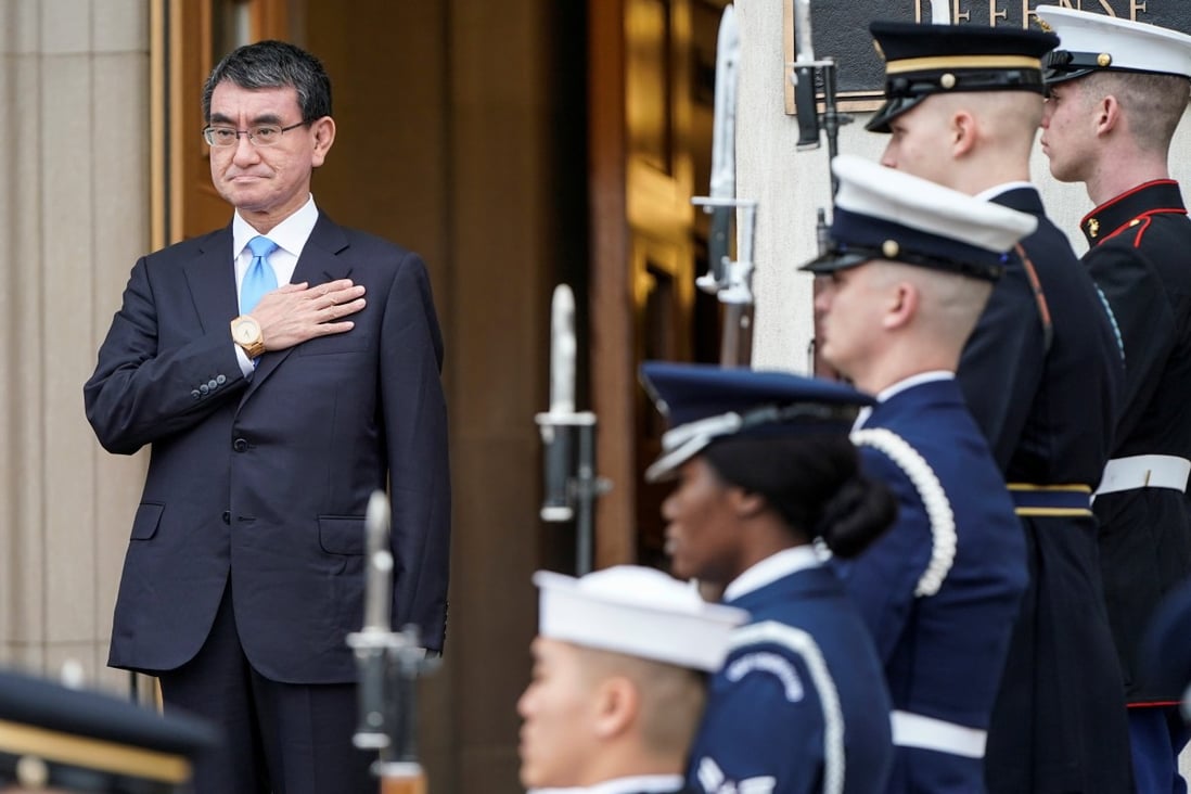 Japan’s defence minister Taro Kono stands during an Enhanced Honour Cordon at the Pentagon in Washington on Tuesday. Photo: Reuters