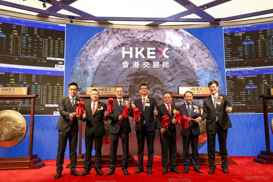 The senior executives of the seven companies that debuted on the Hong Kong stock exchange on Thursday open the day’s trading session. Photo: Xiaomei Chen