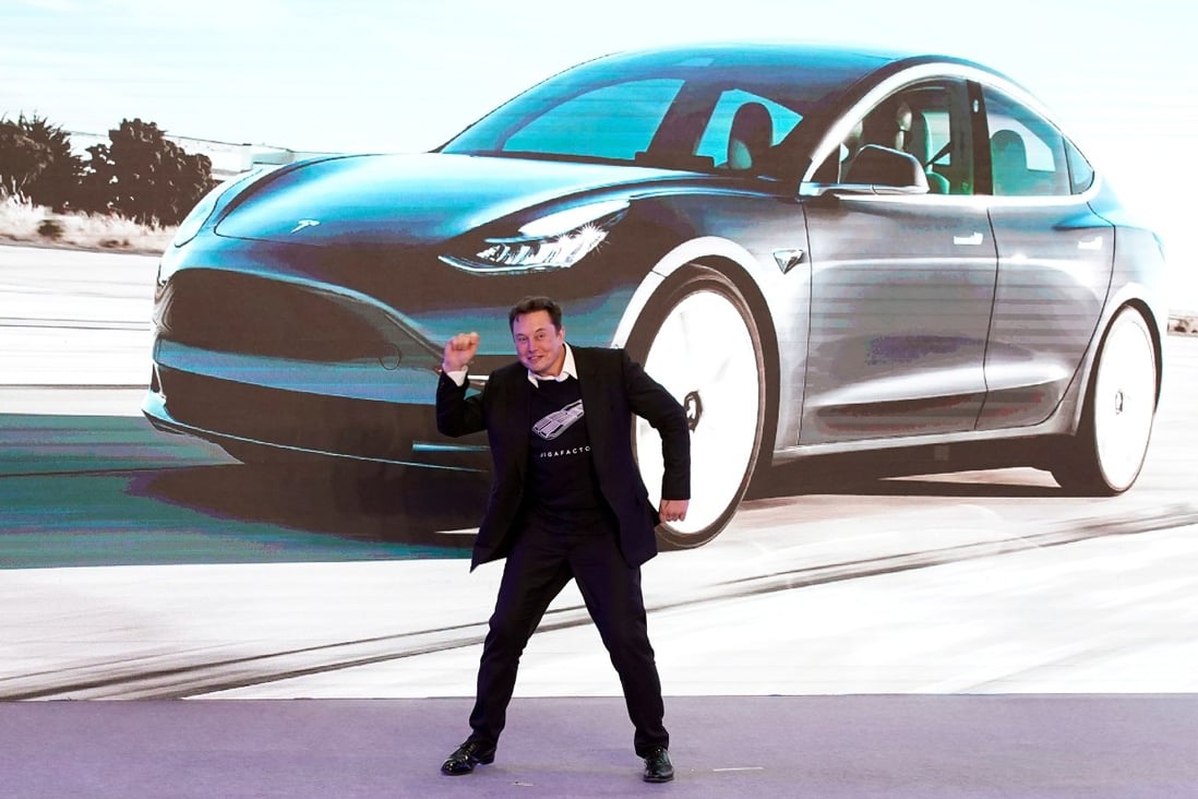Tesla chief executive Elon Musk dances onstage during the delivery event for the company’s China-made Model 3 cars in Shanghai on January 7. Photo: Reuters