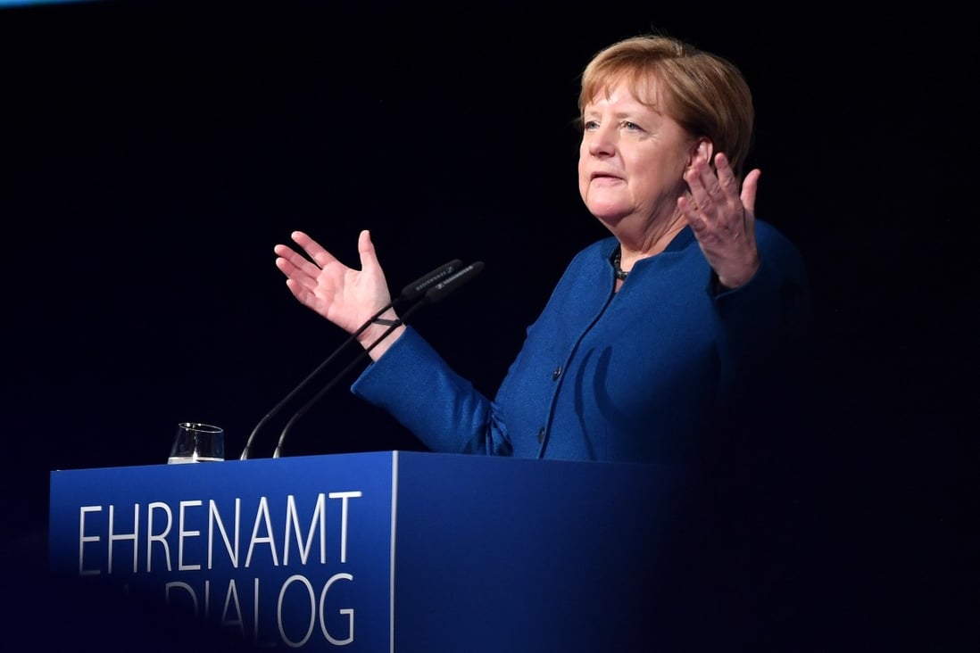 German Chancellor Angela Merkel speaks during a panel discussion in Deggendorf, Germany on 20 January 2020. Photo: EPA-EFE