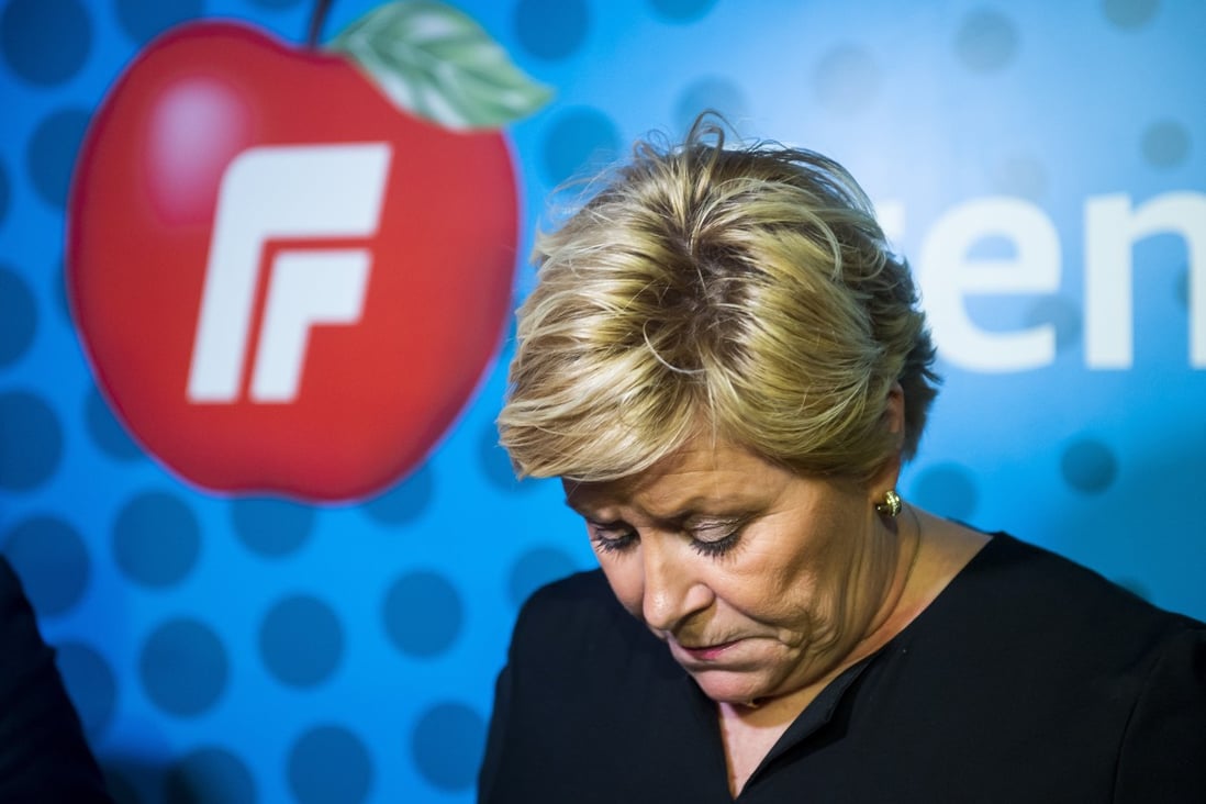 Progress Party leader Siv Jensen at a press conference in Oslo on Monday, where she said the repatration of an Isis member was “the last straw” as she pulled her party out of Norway’s governing coalition. Photo: EPA-EFE