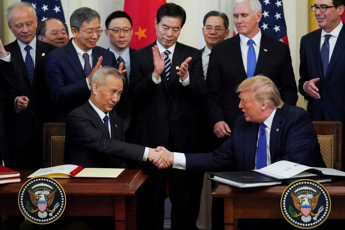 China’s Vice-Premier Liu He and US President Donald Trump signed the phase one trade deal lats week in Washington. Photo: Reuters