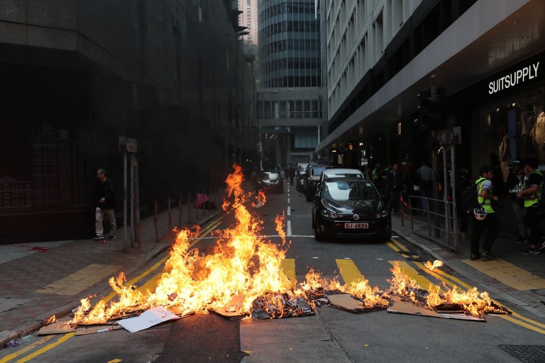 A fire set by anti-government protesters in Hong Kong’s Central district. Photo: Sam Tsang