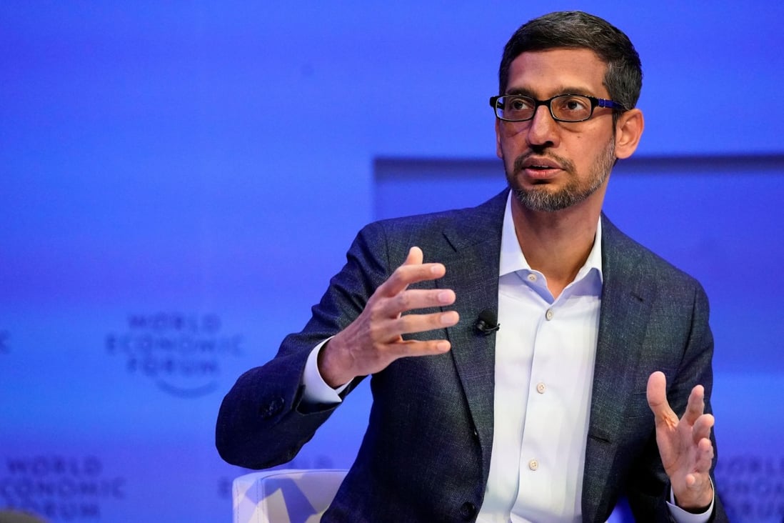 Sundar Pichai, chief executive of Alphabet and its subsidiary Google, says the development of artificial intelligence is “more profound than fire or electricity” during a session of the 50th World Economic Forum annual meeting in Davos, Switzerland, on Wednesday. Photo: Reuters