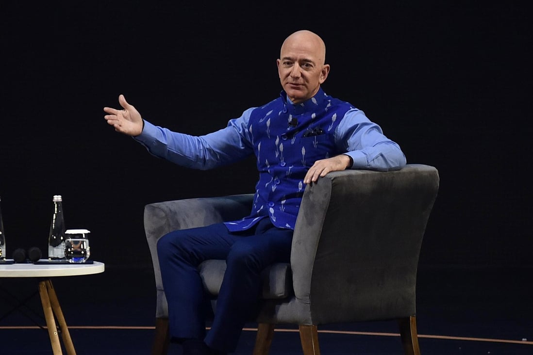 Amazon CEO Jeff Bezos speaks at an Amazon event in New Delhi on January 15. Photo: EPA