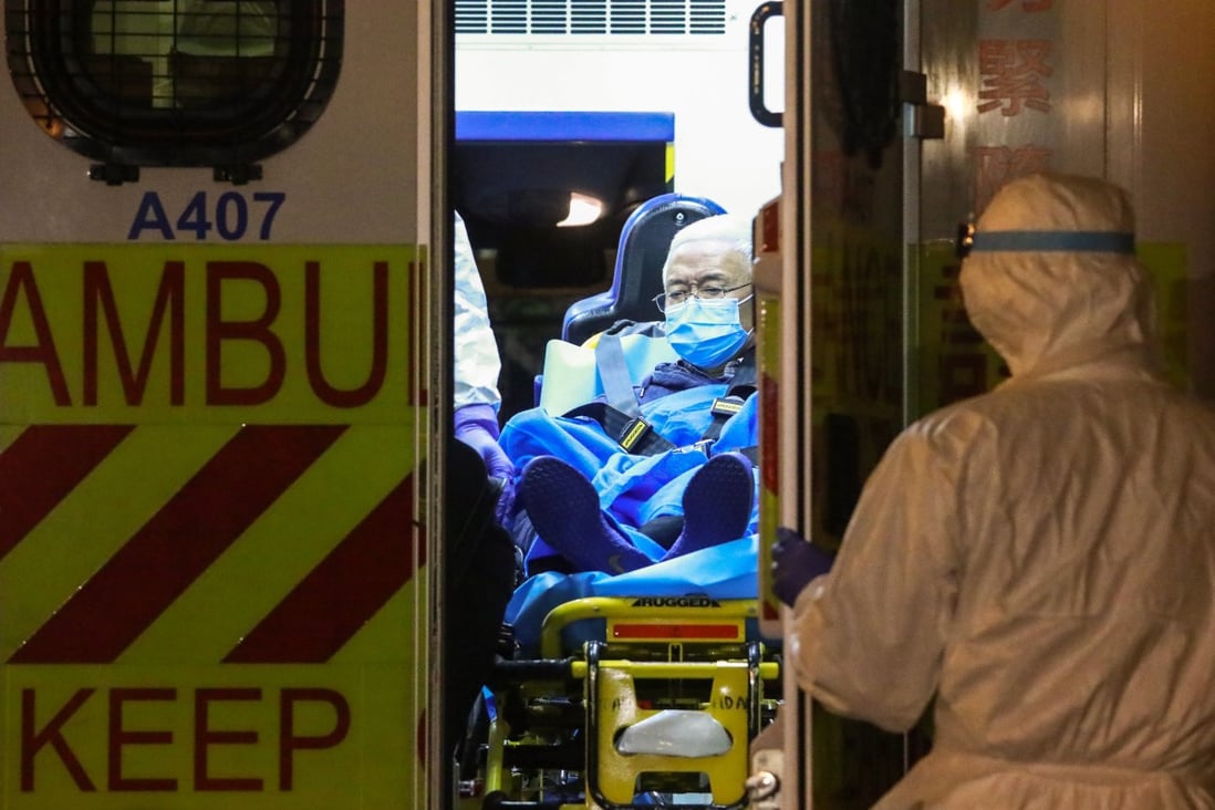 The new male coronavirus patient from Wuhan, in an ambulance at Queen Mary Hospital on Wednesday. Photo: May Tse